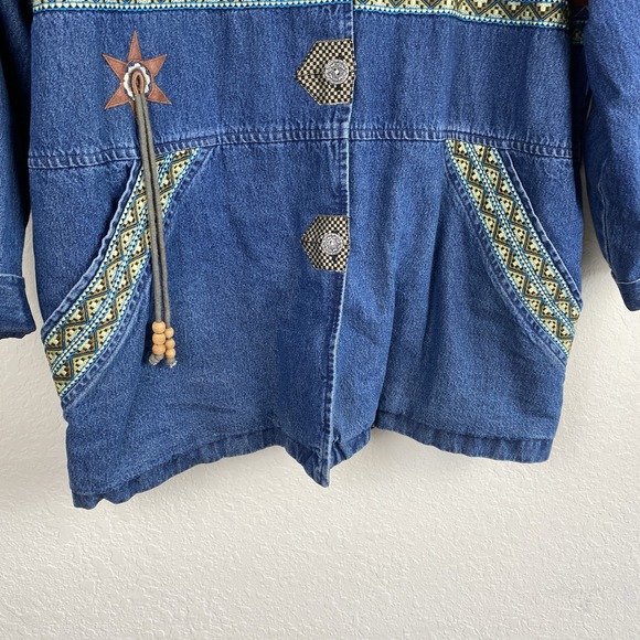 Vintage Womens XL Denim Shirt Jacket Lined Oversized Western Navajo Chore Barn - Picture 3 of 8